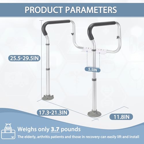 Toilet Safety Rail for Seniors, Toilet Grab Bars for Seniors and Disabled, Toilet Handles for Elderly with Adjustable Width and Height, 350 lb Weight Capacity | Fits standard and elongated toilets; non-slip foam grips and tool-free setup using existing se