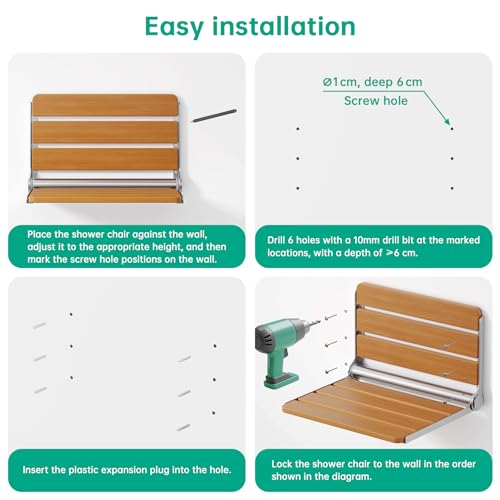 16" Wall Mounted Folding Shower Seat Bench - Heavy Duty 400lb Capacity, ADA Compliant Teak & Stainless Steel Shower Chair for Elderly, Disabled, Bathroom Safety - size: 16 inch