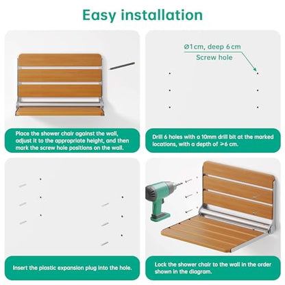 16" Wall Mounted Folding Shower Seat Bench - Heavy Duty 400lb Capacity, ADA Compliant Teak & Stainless Steel Shower Chair for Elderly, Disabled, Bathroom Safety - size: 16 inch