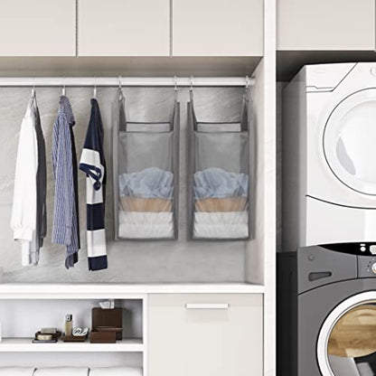 STORAGE MANIAC 2-Pack Hanging Laundry Hamper, Front See-Through Mesh Bag, Slim Basket, Double Hanging Closet Hamper, Narrow Organizer, Grey | Double Closet Laundry Bags, 10" x 16.5" x 31.5", Oxford Fabric, Slim Clothes Basket for Dorms, College & Small Sp