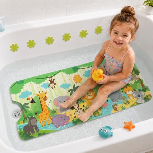 Cinrobiye Bath Mat for Tub Non Slip, 40 x 16 Inch Woodland Animal Cartoon Bathtub Shower Mat with Suction Cups and Drain Holes, Waterproof Machine Washable Bathroom Mat - color: Green