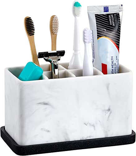 ZCCZ Marble Look Toothbrush Holder for Bathroom Countertop Organizer, Holds Toothpaste, Dental Floss, Razor, Comb, Makeup Brushes, and More, Stylish Bathroom Accessory for Tooth Brushing Essentials - color: 1. White Marble