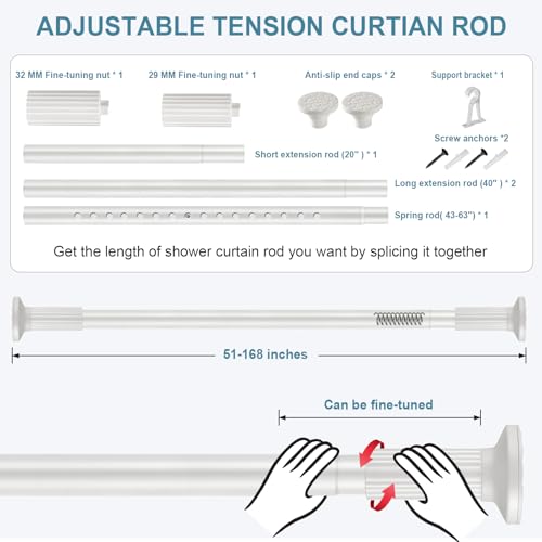 ZOCONE Tension Curtain Rod, No Drilling, Adjustable 51-168 Inch, White | 1.26" Diameter Heavy Duty Tension Rod, Rust-Proof, Tool-Free, Renter Friendly for Bathroom Window Room Divider Patio - color: White, size: 51-168 Inches