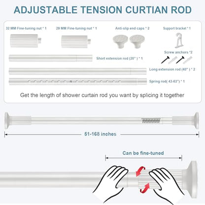 ZOCONE Tension Curtain Rod, No Drilling, Adjustable 51-168 Inch, White | 1.26" Diameter Heavy Duty Tension Rod, Rust-Proof, Tool-Free, Renter Friendly for Bathroom Window Room Divider Patio - color: White, size: 51-168 Inches
