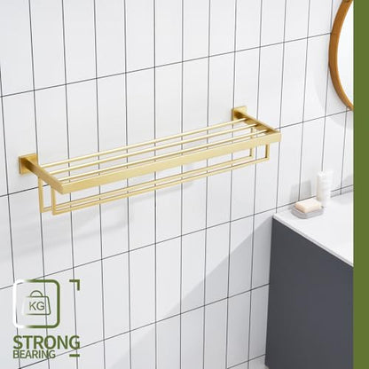 KOKOSIRI 32'' Towel Shelf Holder Bathroom Towel Rack with Two Bath Towel Bars Rails SUS304 Stainless Steel Wall Mount, Brushed Gold B6003BG-L32 - color: Brushed Gold, size: 32-Inch