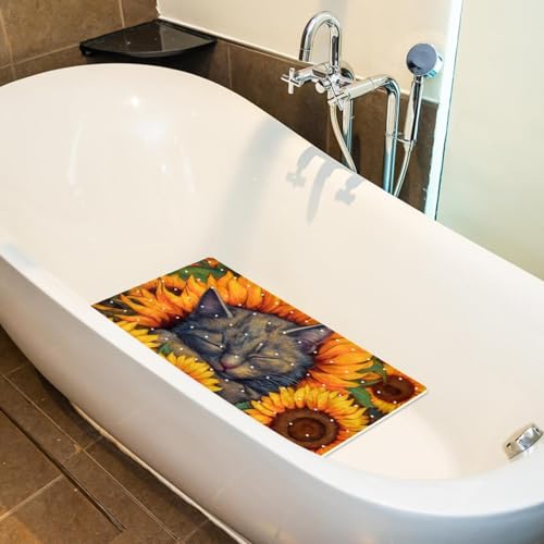 Shower Mat Non-Slip Bathtub Mats with Suction Cups and Drain Holes, Sleeping Cat Sunflower Design, Easy to Clean for Bathroom, 26.8x15.1In - color: Multi 13