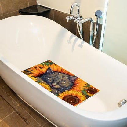 Shower Mat Non-Slip Bathtub Mats with Suction Cups and Drain Holes, Sleeping Cat Sunflower Design, Easy to Clean for Bathroom, 26.8x15.1In - color: Multi 13