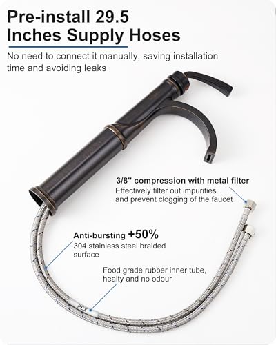 Waterfall Vessel Sink Faucet Oil Rubbed Bronze, Brass Tall Bathroom Faucet with Pop-up Drain, cUPC Supply Hoses, Single Handle for Vanity, Farmhouse, 1 Hole Vessel Sink, 5 Mins Quick Install - color: Oil Rubbed Bronze