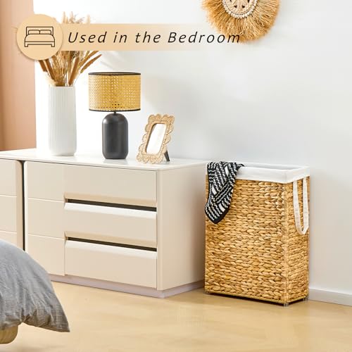 Handwoven Slim Laundry Hamper, 55L Narrow Laundry Basket, Natural Water Hyacinth Basket and Handles and Removable Liner Bag & 2 Mesh Bags (Natural, 55L) - color: Natural, size: 55L
