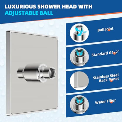 Hibbent cUPC Certified Thickness Metal 6'' Square Rain Shower Head, Chrome | High Pressure Shower Head, Bathroom Waterfall Shower Heads, High Flow Fixed Showerheads with Adjustable Brass Ball Joint - color: Chrome, style: Square 6''