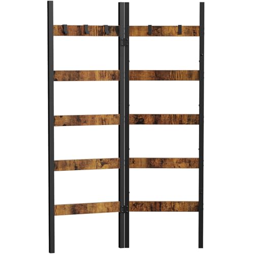 Foldable Blanket Ladder, 5-Tier Ladder Shelf, Decorative Ladder with 5 Removable Hooks, Wall-Leaning Blanket Holder for Towel, Scarves, Quilt Display Rack for Living Room, Rustic Brown