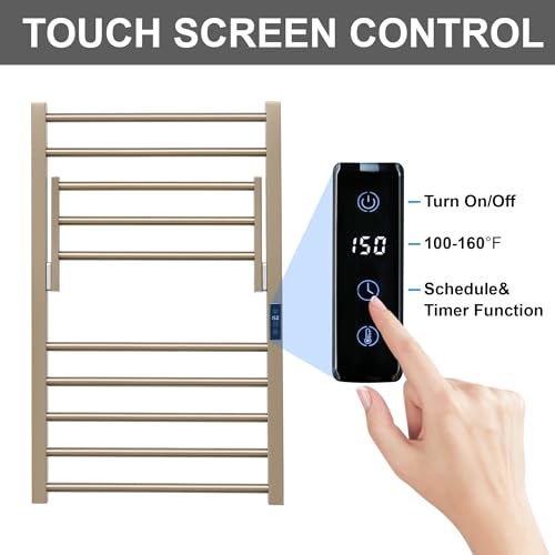 Heated Towel Warmer Rack Electric Bathroom with Voice Control Alexa & Google Home,TUYA Wall-Mounted,Stainless Steel,31.5x19.69x11.61in,Foldable Storage,Plug-in,Brushed Brass,10 Bars - color: Brushed Brass With Wifi & Shelf