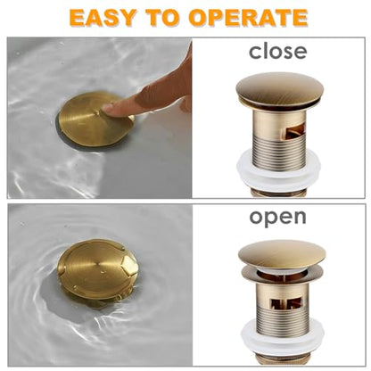 Antique Brass Pop Up Drain with Overflow for Vessel Sinks | Heavy Brass Construction with Rustproof Finish and Tool-Free Hand Tighten, Smooth Operation, Compatible with Most Sink Holes.