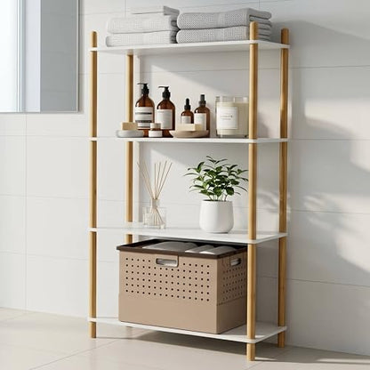 4-Tier Expandable Freestanding Open Bamboo Book Shelf - No-Tool Assembly & Modular,Bathroom Storage Shelf Unit Plant Stand for Small Space, Bedroom, Living Room, Home Office (White, 4-Tier) - color: White 4-tier-1