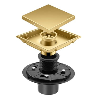 Hidden Brushed Square Shower Floor Drain, Gold 6 inch, 304 Stainless Steel, with Flange, Detachable Cover Embedded in Ceramic Tiles - color: Hidden Gold, size: 6 inch