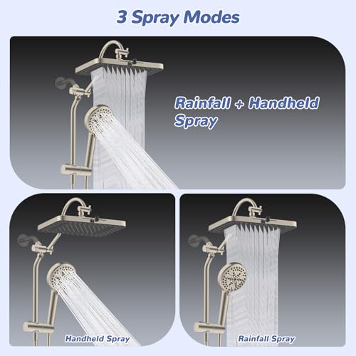 Hibbent cUPC Certified Upgraded 13'' Shower Head Combo, High Pressure 5 Spray Rainfall Showerhead with 10 Sprays Handheld, All Metal 3-way Diverter Shower Arm, 71'' Hose and Holder, Brushed Nickel - color: Brushed Nickel, style: Square 13"
