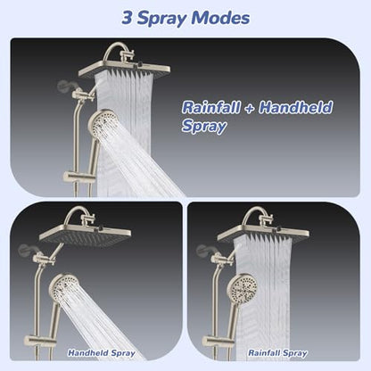 Hibbent cUPC Certified Upgraded 13'' Shower Head Combo, High Pressure 5 Spray Rainfall Showerhead with 10 Sprays Handheld, All Metal 3-way Diverter Shower Arm, 71'' Hose and Holder, Brushed Nickel - color: Brushed Nickel, style: Square 13"