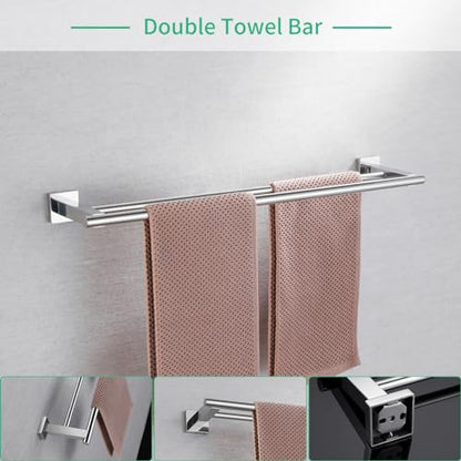 Miyili 4-Pieces Polished Stainless Steel Bathroom Hardware Set Wall Mounted - Includes Double Towel Bar, Hand Towel Rack, Toilet Paper Holder, Robe Hook, BS02C4 - color: Polished Steel