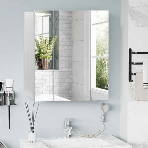 kleankin Bathroom Medicine Cabinet with Mirror, 3 Doors, Wall Mount, White | Bathroom Mirror Cabinet, Adjustable Shelves