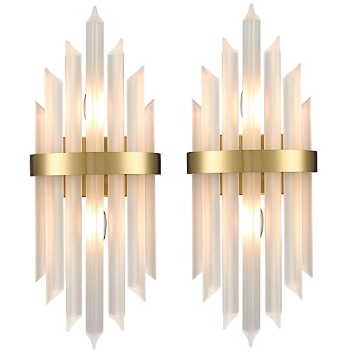 HOLKIRT Modern Gold Wall Sconce, Frosted Glass Vanity Light Set of 2 | Wall Mounted Light Fixture with Frosted Glass Rods, E12 Base, For Living Room Bedside Hallway Stairway Kitchen