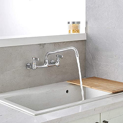 Wall Mount Kitchen Faucet with 10 Inch Swivel Spout, Chrome | Lead-Free Brass,8 Inches Center,Dual Handle Hot & Cold Mixer, Commercial Faucet for Restaurant/Laundry/Utility Sinks - size: 10 Inch