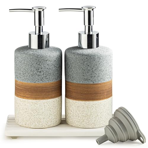 Ceramic Soap Dispenser Set of 2, Hand and Dish Soap Dispenser Set | Shower Shampoo Soap Dispenser for Bathroom, Kitchen | Stainless Steel Pump, Silicone Funnel and Diatomaceous Tray, 12 oz Gray - color: Gray and White, size: 2xSoap Dispenser Set with Tray