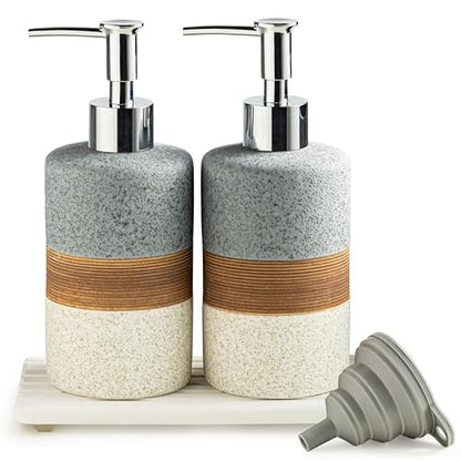 Ceramic Soap Dispenser Set of 2, Hand and Dish Soap Dispenser Set | Shower Shampoo Soap Dispenser for Bathroom, Kitchen | Stainless Steel Pump, Silicone Funnel and Diatomaceous Tray, 12 oz Gray - color: Gray and White, size: 2xSoap Dispenser Set with Tray