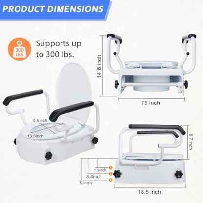 5'' Round Raised Toilet Seat with Handles, Adjustable Height | 3 Adjustable Heights (1.9/3.4/5'')|Fits Standard Round Toilets|with Lid|300lbs|Flip-up Armrests|for Seniors Post-surgery