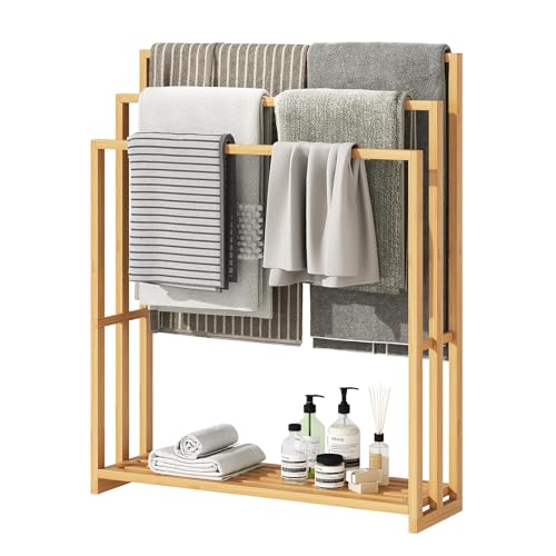 Bamboo Towel Rack Stand, 3 Tier Freestanding Bathroom Towel Drying Rack | 31.5"W × 9.4"D × 39.4"H • Natural • Waterproof • Blanket rack • Blanket holder • Ventilated • Bottom shelf • Anti-tip - color: Natural