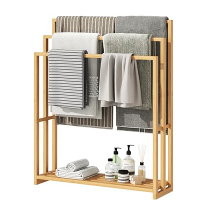 Bamboo Towel Rack Stand, 3 Tier Freestanding Bathroom Towel Drying Rack | 31.5"W × 9.4"D × 39.4"H • Natural • Waterproof • Blanket rack • Blanket holder • Ventilated • Bottom shelf • Anti-tip - color: Natural