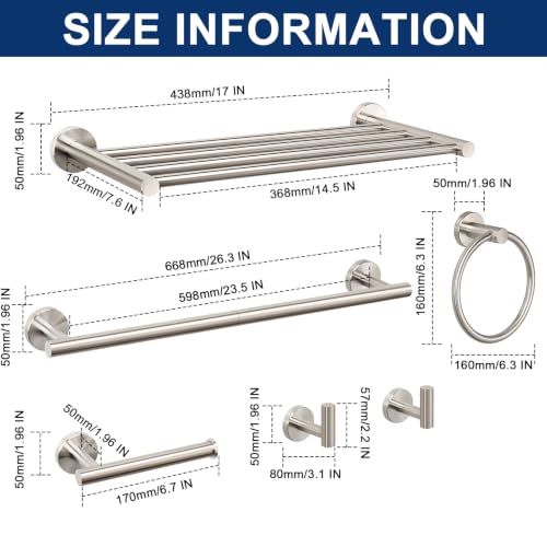 NearMoon Bathroom Accessories Set 6 Pieces, SUS304 Stainless Steel Bathroom Hardware Set, Shower Towel Rack for Kitchen, Towel Holder Wall Mounted (16 Inch, Brushed Nickel)