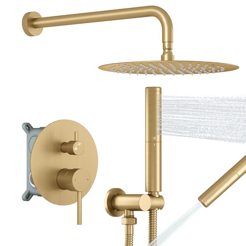 BESy Shower System with 10 Inch Round Rain Shower Head and Handheld Wall Mounted, High Pressure Rainfall Shower Faucet Fixture Combo Set with 2 in 1 Handheld Showerhead for Bathroom, Gold - color: Gold