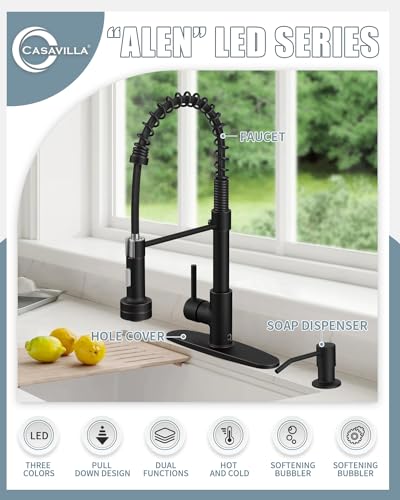 Bronze Kitchen Faucet with Sprayer, Kitchen Faucet with Soap Dispenser,Ktchen Faucets with Pull Down Sprayer,Single Hole Kitchen Sink Faucet with LED light,Oil Rubbed Faucet for Kitchen Sink - color: F-Oil Rubbed Bronze, style: Rustic