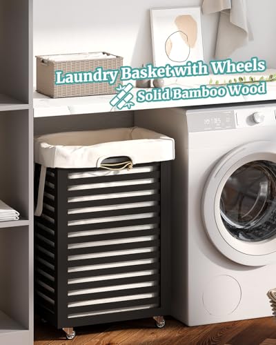 Laundry Basket with Wheels, Rolling Laundry Hamper, Bamboo Wood Laundry Cart with Removable Bag (Black—Beige Bag) - color: Black—Beige Bag