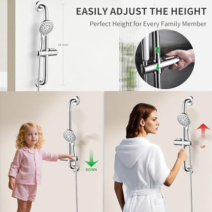 BRIGHT SHOWERS Stainless Steel Grab Bar Set – Includes Handheld Shower Head with Extra Long Hose, Shower Head and Hose Chrome Plated - color: chrome plated