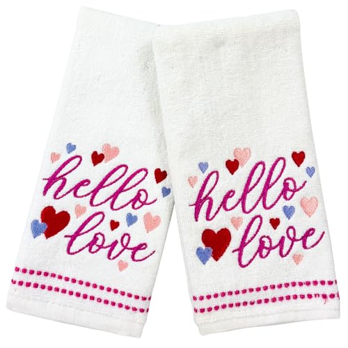 Serafina Home Valentine Bathroom Fingertip Towels, Set of 2, White 100% Cotton Embroidered Hello Love Pink Red Heart Design- 18" x 12" Inches Decorative Bath Kitchen Hand Towels - color: Hello Love
