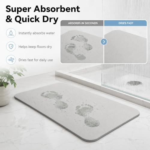 Stone Bath Mat Quick Dry, Diatomaceous Earth Bath Mat Non Slip Absorbent Floor Mat, Diatomite Stone Drying Mat for Bathroom Comes with Non-slip Pad and Sandpaper (Off-White, 24" x 15.5" x 0.4") - color: Off-white