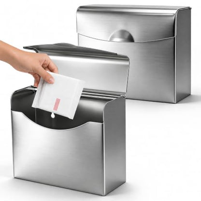 2 Pack Sanitary Napkin Disposal Receptacle, Wall Mounted Tampon Holder, Stainless Steel Flip Top Receptacle Bin Waste Trash Can for Public Restroom, Provides Clean & Odor-Free