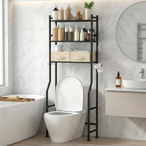 GloTika 3-Tier Over Toilet Storage, Anti-Tilt, 64" H, Black, 2 Baskets | Anti-Tilt Safety System, 150lb Capacity, Carbon Steel, Freestanding, No Drilling, Anti-Rust Coating, Paper Holder & 4 Hooks - color: Black-with 2 Basket, size: 3-Tier