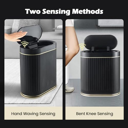 SYNCVIBE Bathroom Sensor Trash Can with Lid, 2 Gallon, Black Gold | Automatic Garbage Can, 7.5 Liter Smart Trash Bin, Slim IPX5 Waterproof Plastic Wastebasket for Bedroom and Office - color: Black gold