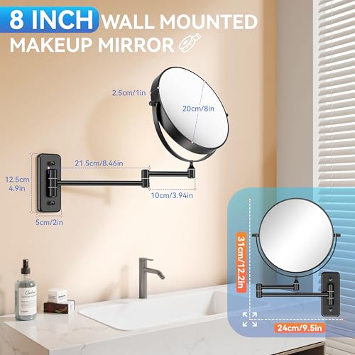 Auxmir 8" Double-Sided Wall-Mounted Makeup Mirror, 1X/30X Magnifying Mirror | stainless steel, 13-inch extendable swivel arm, 360°shaving rotation, bathroom makeup mirror, tweezers, Black - color: Black-1x/30x