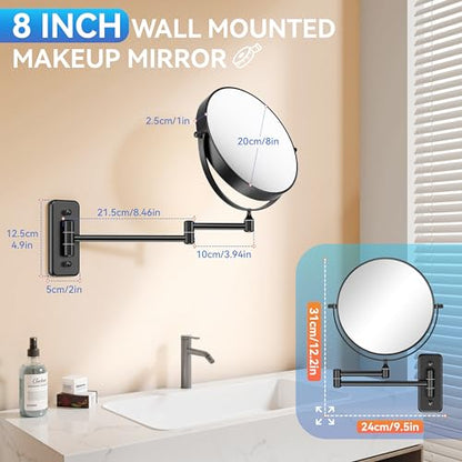 Auxmir 8" Double-Sided Wall-Mounted Makeup Mirror, 1X/30X Magnifying Mirror | stainless steel, 13-inch extendable swivel arm, 360°shaving rotation, bathroom makeup mirror, tweezers, Black - color: Black-1x/30x