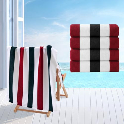 Beach Towel Set-4 Pack 30"x60" Sand Free Stripe Beach Towel for Pool,Bathroom,Soft Absorbent Quick Dry Lightweight Beach Bath Towel,Camping Blanket,Travel Towel,Beach Essentials for Adults,Red/Black - color: Red/Black