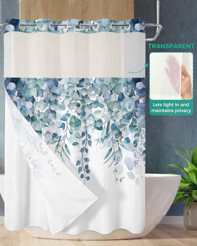 No Hook Shower Curtain and Snap in Liner Set, Blue Green Eucalyptus Fabric Bathroom Stall Shower Curtains 48x72, See Through Mesh Top Window, Spring Summer Botanical Floral Leaves Country Hotel Style - color: Blue Green, size: 48"W x 72"L (Pack of 1)