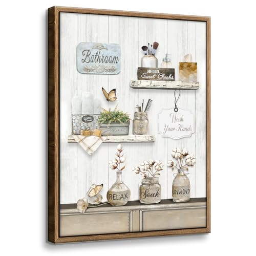 Framed Farmhouse Bathroom Wall Art Rustic Cotton Relax Soak Unwind Pictures Wall Decor Paintings Vintage Flower Butterfly Canvas Posters Prints Artwork for Bathroom Home Decor 12x16 Inch - color: Brown Bathroom, size: 16"L x 12"W