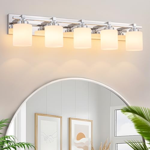 Modern Bathroom Light Fixtures Over Mirror, Vanity Lights for Bathroom Wall Sconces with Milky White Glass Shades, E26 Socket (Bulbs Not Included), 5 Light, Chrome - color: Chrome - Milky White Glass Shades, size: 5-Lights
