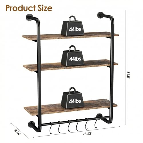 3 Tier Industrial Pipe Floating Shelf, 24" Kitchen Wall Shelves | with Towel Bar & 6 Hooks, Coffee Bar Shelves Display Bookshelf Wall Shelf for Kitchen, Bathroom, Home Décor, Rustic Brown - size: 24 Inch（3 Tier）