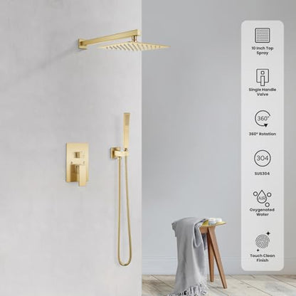 gotonovo Rainfall Bathroom Shower System Rain Shower Head and Handle Set Wall Mounted Shower Complete Combo Solid Brass Pressure Balancing Shower Mixer Valve 10 Inch Brushed Gold - color: Brushed Gold, size: 10 Inch