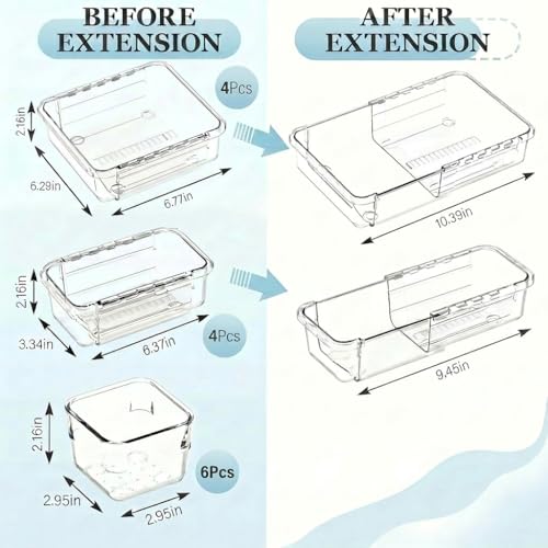 14 Pcs Expandable Clear Drawer Organizer|3-Size Extendable Drawer Dividers | Adjustable Plastic Storage Boxes, Arcrylic Storage Bins for Makeup Vanity Drawer Dresser DIY Desk Office Kitchen Utensils - size: 14PCS