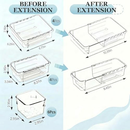 14 Pcs Expandable Clear Drawer Organizer|3-Size Extendable Drawer Dividers | Adjustable Plastic Storage Boxes, Arcrylic Storage Bins for Makeup Vanity Drawer Dresser DIY Desk Office Kitchen Utensils - size: 14PCS
